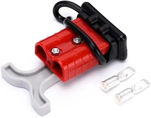 Vista 2 de Conector de cable de alimentación de batería de 2 vías de carcasa roja de 600 V y 50 amperios, mango gris en T y cubierta negra a prueba de polvo