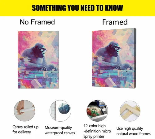 Vista 5 de Cool Retro Gorilla Pop Art Posters Cyberpunk Creativity Home Office Decor Animal Themed Modern Wall Art-Framed-24x36inch