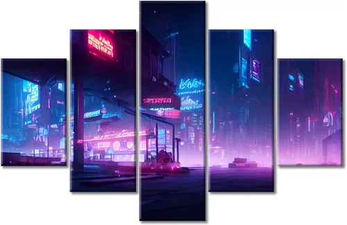 Vista 141 de Cuadros de 5 paneles de Cyberpunk City, arte de pared, representación de vallas publicitarias, edificios modernos en la capital con obras de arte