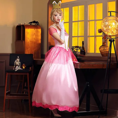 Vista 4 de Juego de 3 piezas de vestido de princesa melocotón para adultos, fiesta de máscaras, disfraz de cosplay para fiesta de Halloween con guantes y corona