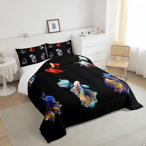 Vista 4 de Betta - Juego de ropa de cama de peces siameses coloridos de lucha contra el agua, juego de edredón de animales submarinos para niños y adultos
