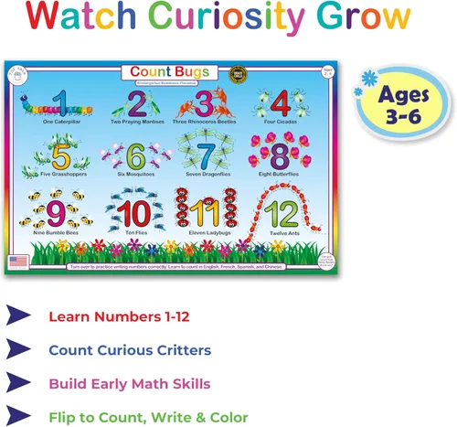 Vista 2 de Tot Talk Count Bugs Learn and Write Numbers 1-10 - Mantel individual educativo para niños, de doble cara, impermeable, lavable, fabricado en Estados