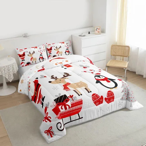 Vista 5 de Erosebridal Lindo juego de edredón de pingüino de dibujos animados, ropa de cama de Feliz Navidad, tamaño individual, regalos de Papá Noel