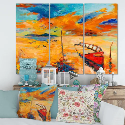 Vista 5 de DesignQ Lienzo decorativo náutico y costero para pared con diseño de barco durante la noche que brilla en el lago VIII