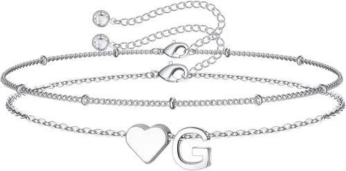Vista 13 de M MOOHAM Pulseras de oro con inicial de corazón para mujer, pulseras con dije de letra A-Z de corazón dorado en capas para mujer, pulseras