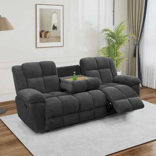 Vista 3 de Juego de sofá reclinable para muebles de sala de estar, juego de sofá y silla reclinable de pana verde, tela manual, sofá reclinable de 3 plazas