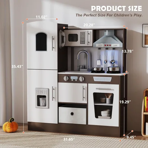 Vista 2 de JOYDIAS - Juego de cocina para niños, juego de cocina de madera con sonido y luz, horno, máquina de hielo, pizarra y caja de almacenamiento