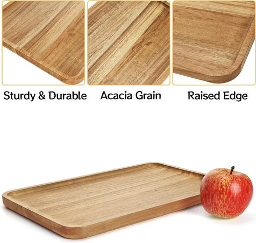 Vista 3 de YOUEON Juego de 2 bandejas de madera de acacia con borde elevado, bandeja rectangular de 14.2 x 9.5 pulgadas, plato de queso para aperitivo