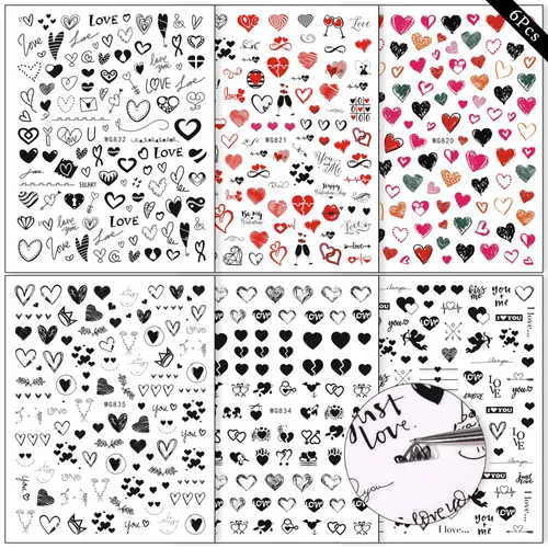 Vista 2 de Calcomanías para decorarte las uñas con diseños de San Valentín, diseño de corazón negro y relacionados con el amor, en 3D, autoadhesivas, letras, 6