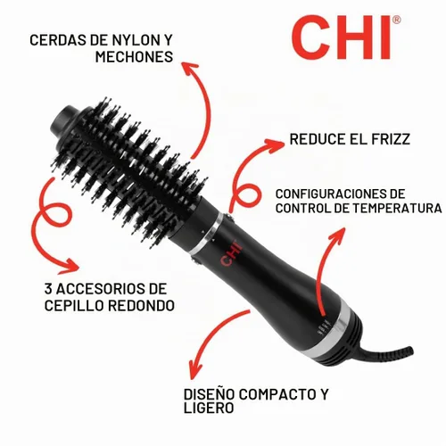 Vista 3 de CHI Cepillo redondo 3 en 1 para secado de pelo, cepillo secador de pelo para cabello liso y sin encrespamiento, 3 cabezales de cepillo
