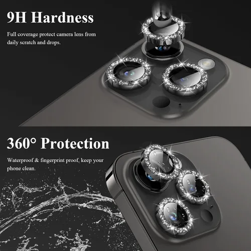 Vista 3 de YWXTW Diseñado para iPhone 14 Pro/iPhone 14 Pro Max Protector de Lente de Cámara Brillante, [Nuevo Diseño con Purpurina] Vidrio Templado de Metal