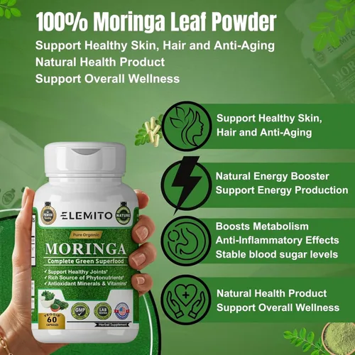 Vista 6 de Cápsulas de moringa, polvo de hoja pura, superalimento verde, energía, metabolismo y apoyo inmunológico, sin OMG, vegano, sin gluten