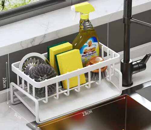 Vista 9 de Soporte de esponja de acero inoxidable para fregadero de cocina, organizador de esponja antioxidante, organizador de fregadero de cocina de baño