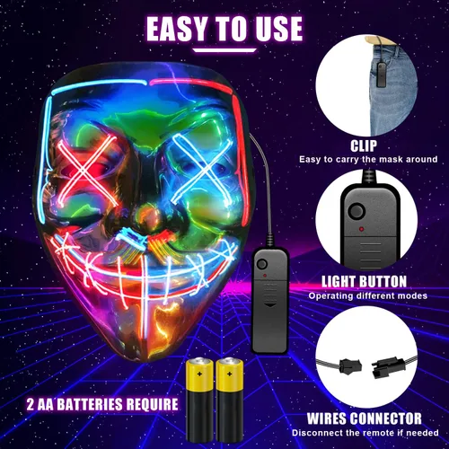 Vista 4 de CHAOYU - Máscara de Purga de Halloween con luz LED máscara facial aterradora que brilla con 3 modos de luz disfraz para hombres y mujeres fiesta