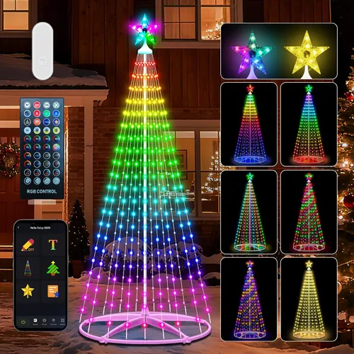 Vista 8 de Forlivese Árbol de Navidad Cónico Inteligente de 7.48 Pies con Luz LED para Exteriores, Luces de Árbol de Navidad Artificial Regulables con Control