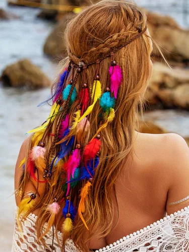 Vista 4 de Diadema de plumas coloridas, accesorios para el cabello de arcoíris para mujer