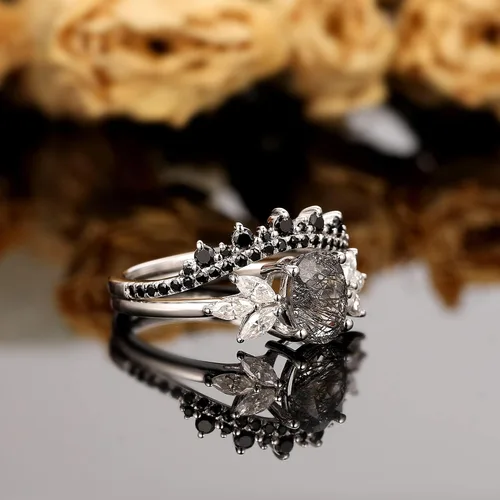 Vista 3 de Juego de anillos nupciales de cuarzo rutilado negro natural