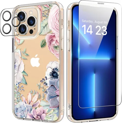 Vista 58 de bicol Funda para iPhone 14 Plus con Protector de Pantalla y Lente de Cámara - Diseños Florales de Moda para Mujeres y Niñas - Funda Transparente