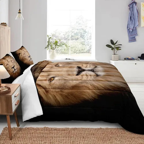 Vista 3 de Juego de edredón de león tamaño Queen con temática de animales salvajes, edredón de león negro, juego de ropa de cama con temática de safari de vida