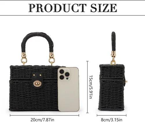 Vista 2 de Fecialy Bolso de mano de ratán tejido a mano para mujer, bolso de mano de paja para playa, bolso cruzado cuadrado bohemio