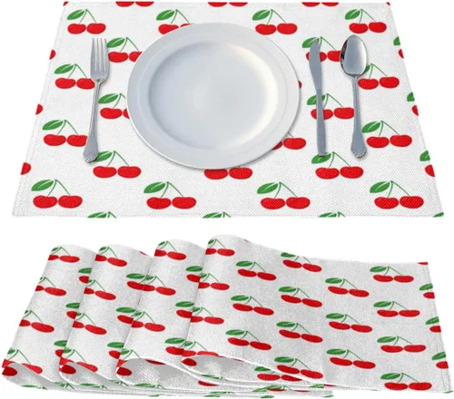 Vista 2 de Juego de 4 manteles individuales con patrón de cereza, lavables, impermeables, para decoración de mesa de comedor, 18 x 12 pulgadas