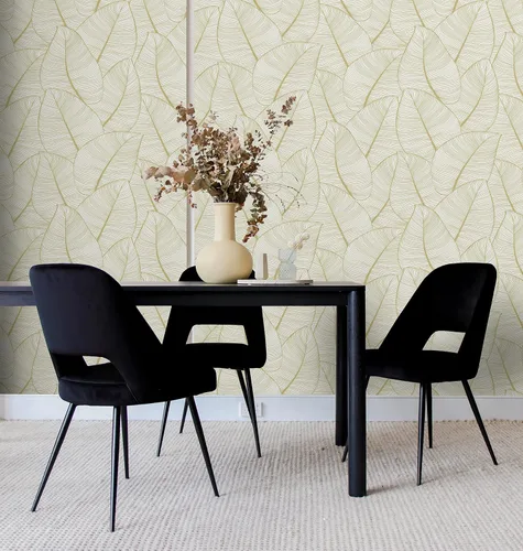 Vista 5 de Casa Mia Rollo de papel tapiz de vinilo con hojas metálicas tropicales para despegar y pegar (cubre 30.75 pies cuadrados) (dorado)