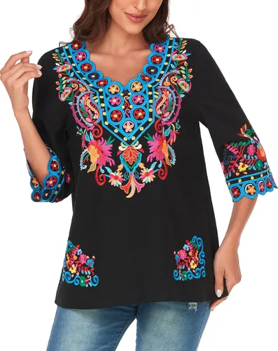 Vista 4 de YZXDORWJ Blusa de verano para mujer, estilo bohemio, estilo mexicano, con bordado bohemio