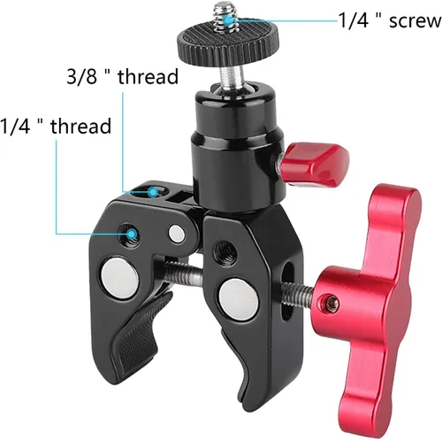 Vista 2 de CAMVATE Super Clamp Articulado Mini Ball Head Mount con 1/4-20 Tornillo para Cámara DSLR Accesorios DIY (Rojo) - 1669
