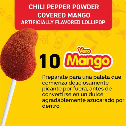 Vista 4 de Vero Paletas con sabor a mango recubiertas con chile en polvo, bolsa de 10 unidades (peso neto: 5.6 onzas), dulces mexicanos envueltos