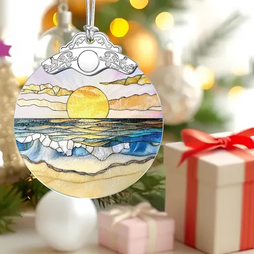Vista 6 de Adorno de Vidrio Manchado de Puesta de Sol en la Playa, Adorno Navideño – Decoración de Árbol de Navidad, Decoración Festiva, Relleno de Calceti