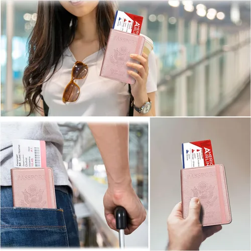 Vista 6 de RSAquar Combo de portatarjetas de pasaporte y vacunación, funda de pasaporte, funda de cuero para tarjetas de viaje, accesorios con bloqueo RFID