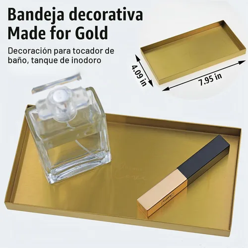 Vista 2 de Freelove Bandeja de Tocador de Metal Dorado con Lijado y Letras, Organizador de Perfumes, Soporte para Joyas, Plato para Maquillaje, Bandeja