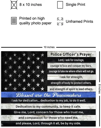 Vista 2 de Impresión artística de oración de oficiales de policía – Inspirador religioso patriótico con línea azul delgada bandera estadounidense – Regalo