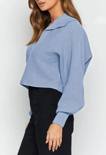 Vista 2 de Meenew Suéter corto de manga farol para mujer, cuello en V, cuello de solapa