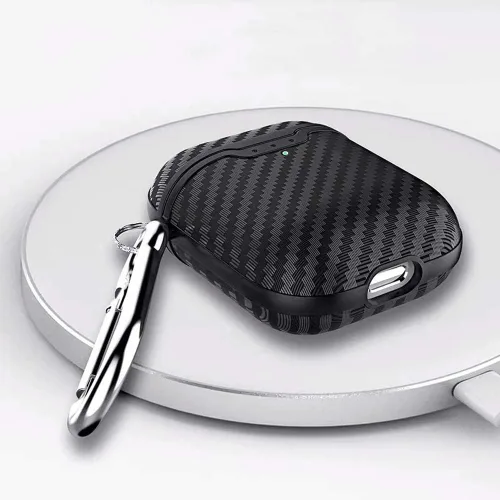 Vista 5 de Compatible con auriculares Airpods 1 y 2, fibra de carbono fresco grano militar anti-caída flexible TPU protector antidedos con llavero negro