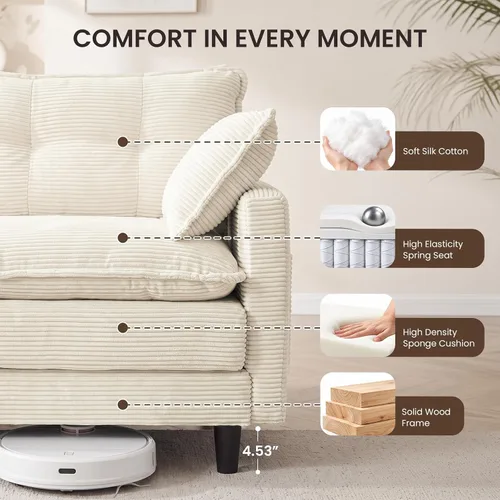 Vista 3 de Sofá de nube en forma de L de 73.5 pulgadas, sofá modular con mesa auxiliar otomana, sofá biplaza de pana con almohada, cómodo y moderno sofá