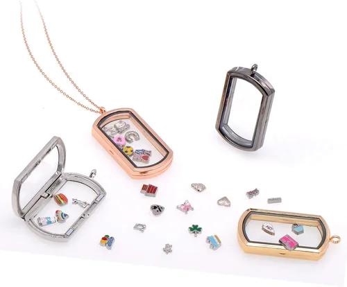 Vista 2 de Paialco Collar con colgante de medallón flotante magnético rectangular de cristal, Metal Vidrio