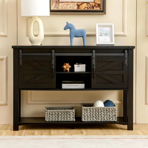 Vista 3 de Mesa de entrada con puertas correderas de granero, mesa consola de granja de 46 pulgadas con almacenamiento, mesa de sofá rústica con estante 2-Negro