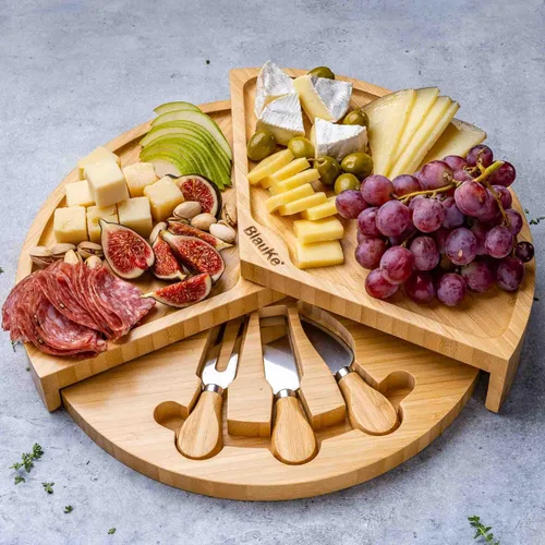 Vista 7 de Juego de tabla de queso de bambú y cuchillos, tabla redonda de charcutería de 14 pulgadas, bandeja para servir, plato, juego de tablas de queso
