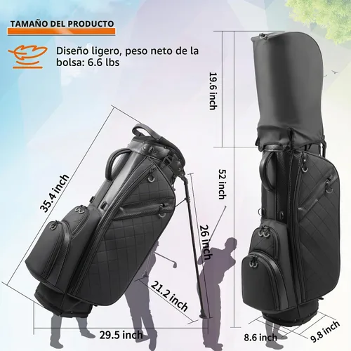 Vista 6 de Bolsa de golf con soporte y 14 divisiones de largo completo, bolsa de golf de cuero PU para hombres, bolsas de golf de lujo ligeras impermeables