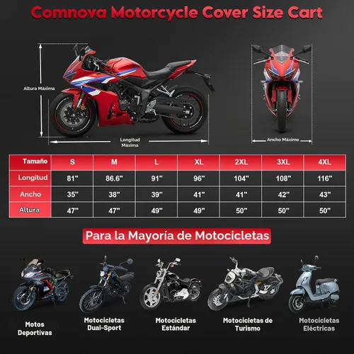 Vista 3 de Comnova - Funda para motocicleta de 81 pulgadas, 600D, impermeable, con orificio de bloqueo, ajuste universal para Harley, Honda, Kawasaki Negro