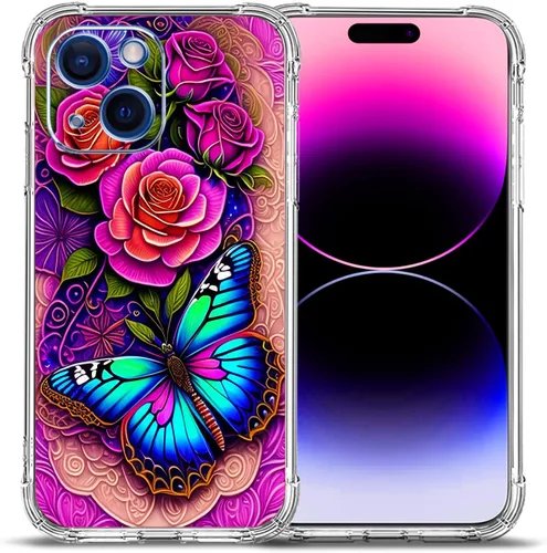 Vista 30 de Funda para iPhone 15 Plus, hermosa protección contra caídas de flores rosas, a prueba de golpes, funda protectora de cuerpo completo resistente a
