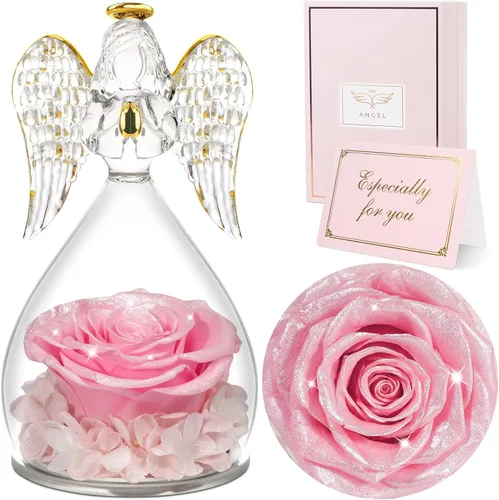 Vista 15 de Sunia Regalos para mamá, regalos de cumpleaños para mujeres, rosas reales preservadas en figura de ángel de cristal, flores eternas para la entrega