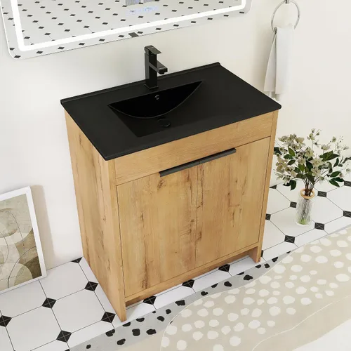 Vista 9 de Tocador de baño pequeño de 16 pulgadas con lavabo, tocador de baño independiente de 16" para espacios pequeños, gabinete de madera contrachapada