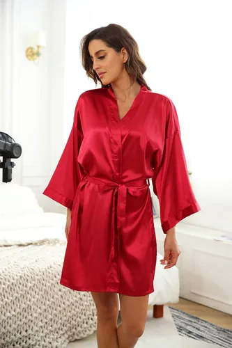 Vista 22 de Bata de boda para mujer, para novia, dama de honor, corta, de satén, kimono, batas de seda para prepararse, fiesta nupcial