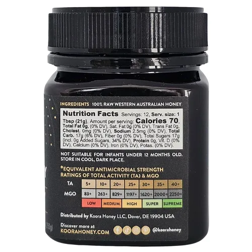 Vista 3 de KOORA Jarrah Honey TA 35+ (MGO 2000+ Miel de Manuka Calificación Equiv.) Bajo IG, miel medicinal cruda para la salud diaria y apoyo inmunológico