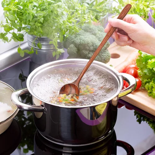 Vista 3 de Patelai 6 cucharas de madera de 11 pulgadas, cucharas de madera de mango largo, cuchara de sopa de estilo coreano japonés para cocinar, comer