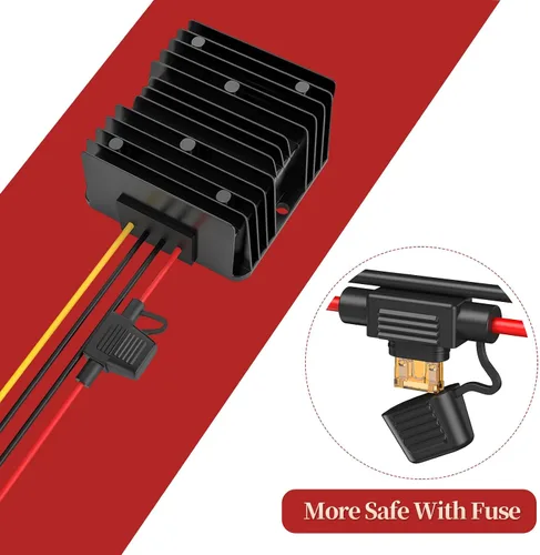 Vista 4 de Convertidor de 24 voltios a 12 voltios reductor con fusible impermeable y bloque de terminales de cable, transformador de 24 V a 12 V 10 A 120 W