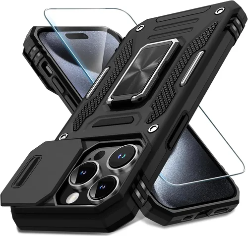 Vista 353 de DEERLAMN Funda para iPhone Xs Max con funda deslizante para cámara + protector de pantalla, soporte giratorio de anillo de grado militar a prueba