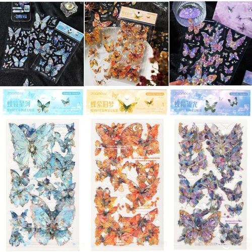 Vista 6 de Calcomanías de mariposa (18 hojas/más de 500 piezas) coloridas holográficas con purpurina para PET, calcomanías transparentes para álbumes